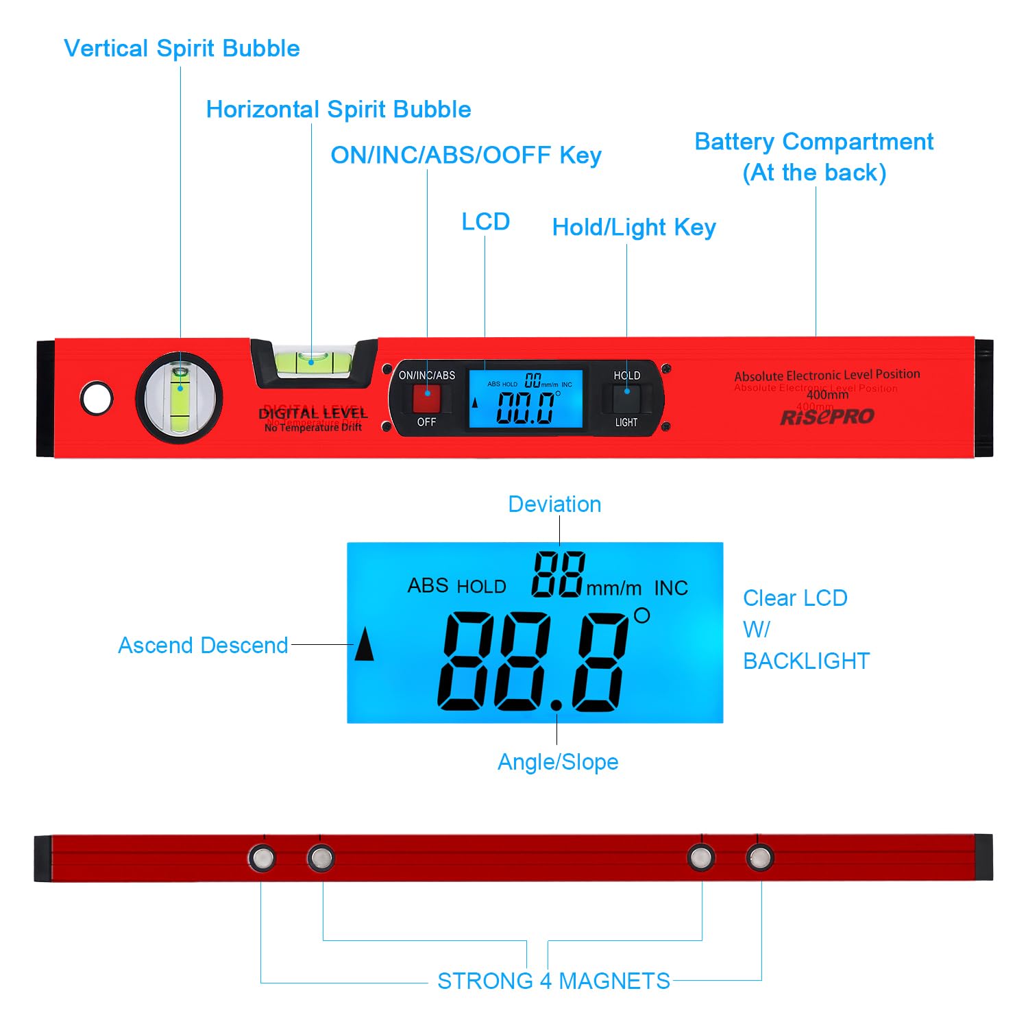 RISEPRO 16-inch Digital Spirit Level and Protractor, Torpedo Level